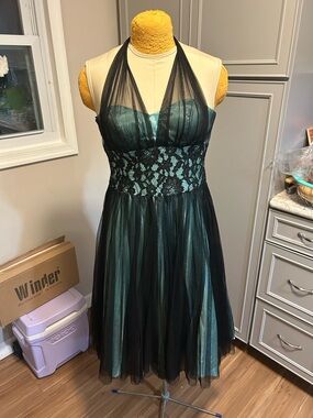 Vintage 90e Halter Teal and Black Lace Cocktail Dress Size 2